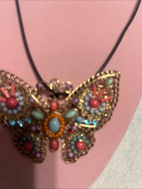 Colorful Butterfly Pendant Necklace - Pink, Turquoise & Coral